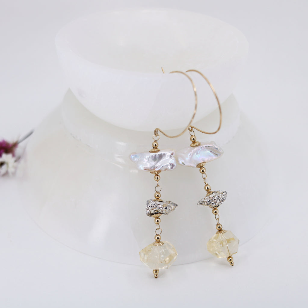 Custom for AM- Bija Pearl, Pyrite, and Citrine Earrings