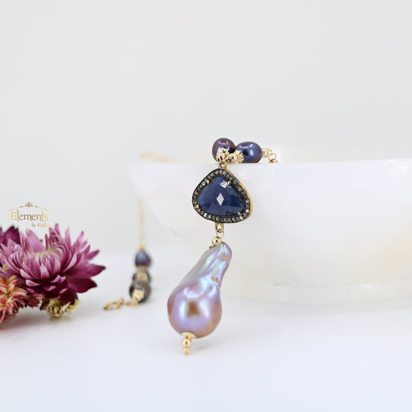 RESERVED for Charlotte: Baroque Pearl, Sapphire, and Peacock Pearl 14K Gold-Filled Necklace